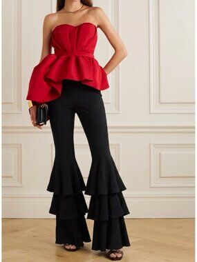 NEW LUXURY DESIGNER TAVAN & MITTO Black Mid-Waisted Tiered Ruffle bottom Pants S